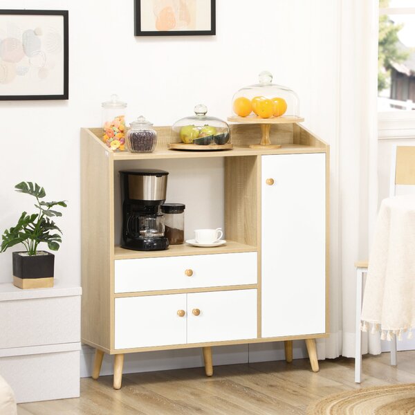 Mobile da Cucina per Microonde 90x30x94 cm in Truciolato Naturale e Bianco