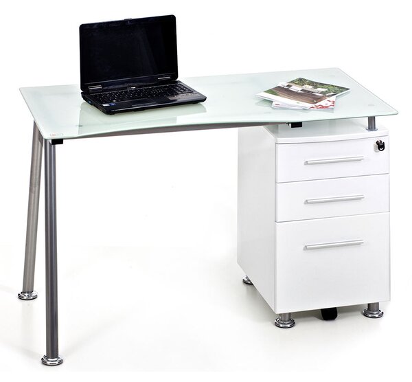 Scrivania 120x60xH75 cm in Vetro con Cassettiera Record Bianca