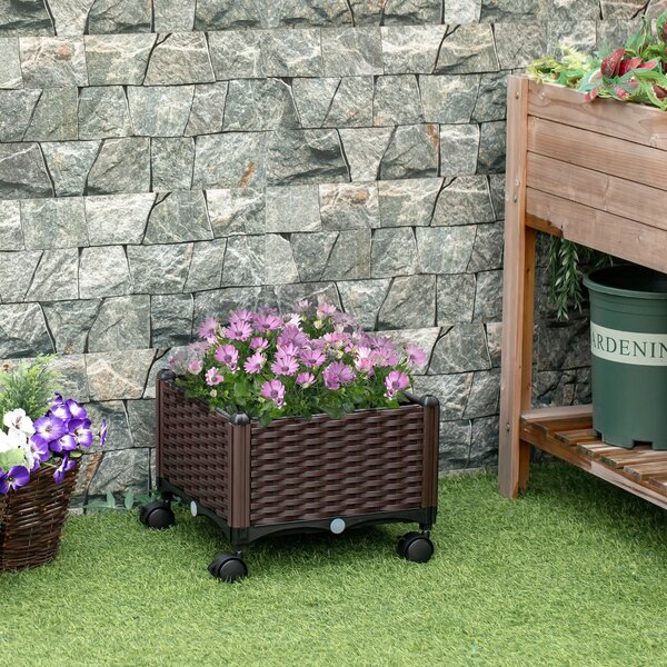 Fioriera da Esteno con Ruote e Disco Auto Irrigante 40x40x31,5 cm in Plastica Marrone