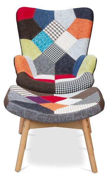 Poltrona Relax con Pouf Poggiapiedi in Tessuto Patchwork