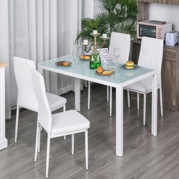 Set da Pranzo Tavolo con Piano in Vetro e 4 Sedie in Metallo e Similpelle Bianco