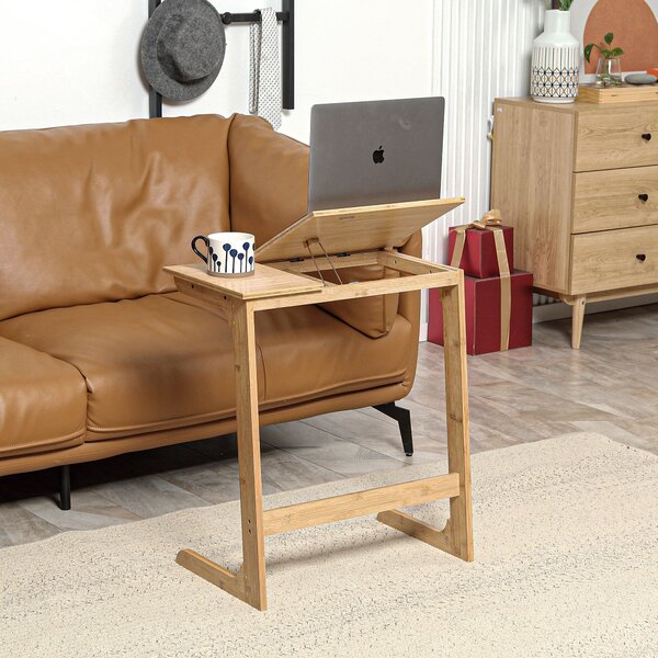 Tavolino da Divano a Forma di C 60x33x67 cm con Piano Inclinabile su 5 Livelli in Legno di Bambù Naturale