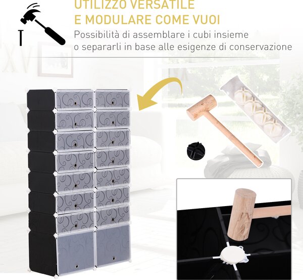 Homcom Scarpiera fai da te 16 Cubi Guardaroba Modulare Scarpiera Cubi, Bianco e Nero in Plastica, a 6 Ripiani 2 Righe 95 x 37 x 160cm|Aosom
