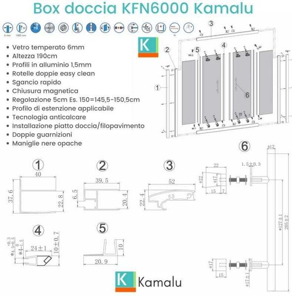 Kamalu porta doccia nera 150 cm vetro opaco doppio scorrevole | kfn6000ns