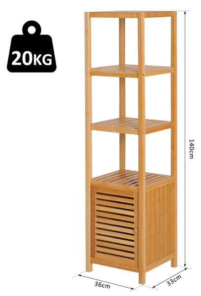 HOMCOM Mobile Alto Bagno/Terrazzo, Scaffale a Torre in Bambù 4 Ripiani + Armadietto con Anta, 36x33x140cm, Color Legno|Aosom