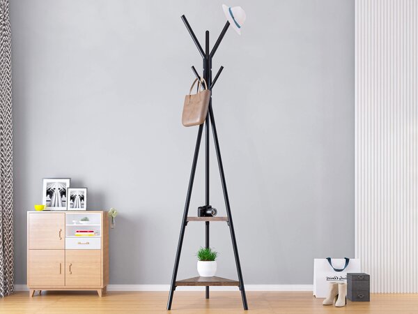 Appendiabiti da Terra 2 Ripiani 41,5x50x180 cm in Acciaio e MDF Lenox Nero/Noce