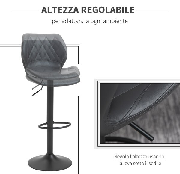 HOMCOM Set 2 Sgabelli Alti da Bar e Cucina in Similpelle, Altezza Regolabile, Schienale, Poggiapiedi e Ampia Base Tonda in Metallo, Grigio | Aosom