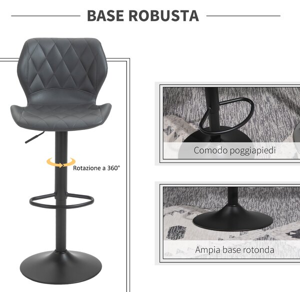 HOMCOM Set 2 Sgabelli Alti da Bar e Cucina in Similpelle, Altezza Regolabile, Schienale, Poggiapiedi e Ampia Base Tonda in Metallo, Grigio | Aosom