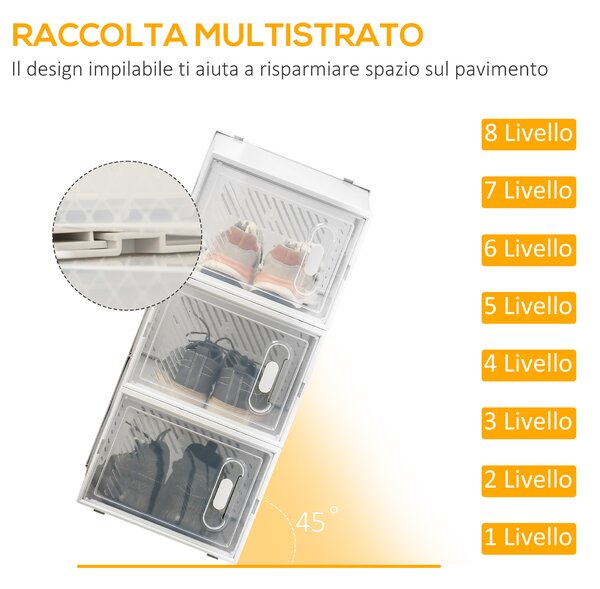 HOMCOM Mobile Scarpiera Modulare Salvaspazio per Interni con Fori di Ventilazione, 8 Cubi 28x36x21cm in Plastica PP, Bianco e Trasparente|Aosom