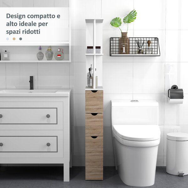 HOMCOM Mobile Colonna Bagno Salvaspazio con Armadietto, Ripiani e Cassetti, 15x33x136 cm, Colore Legno