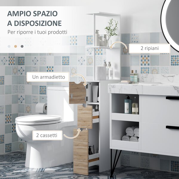 HOMCOM Mobile Colonna Bagno Salvaspazio con Armadietto, Ripiani e Cassetti, 15x33x136 cm, Colore Legno