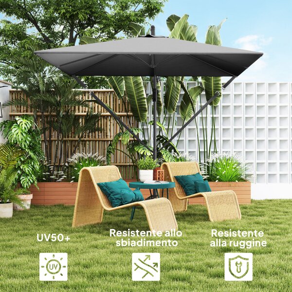Outsunny Ombrellone da Giardino a Sbalzo 3x2.5 m con Manovella, Inclinabile e Girevole con Copertura, Grigio