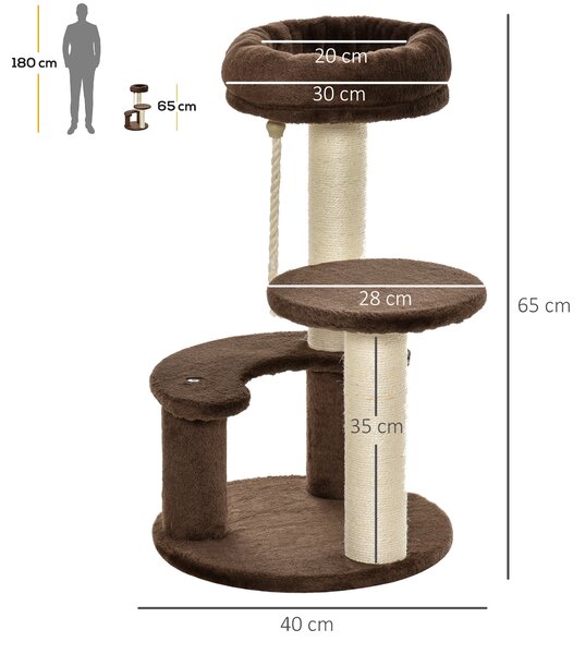 PawHut Albero Tiragraffi per Gatti a 3 Livelli con Lettino in Peluche e Pali in Sisal, Ø40x65 cm, Marrone