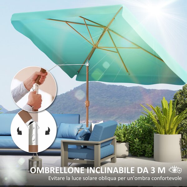 Outsunny Ombrellone da Giardino 2x3 m con Apertura a Manovella, Inclinabile e Anti UV 50+, Turchese