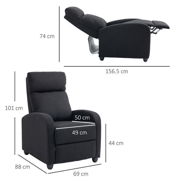 HOMCOM Poltrona Reclinabile con Poggiapiedi e Braccioli in Tessuto Effetto Lino e Metallo, 69.2x88.3x101 cm, Nero