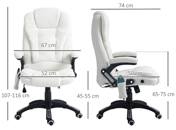 Vinsetto Poltrona Ufficio Massaggiante con Altezza Regolabile e Telecomando, sedia Ergonomica in Tessuto Lino, 67x74x107-116cm, Bianco|Aosom Italy