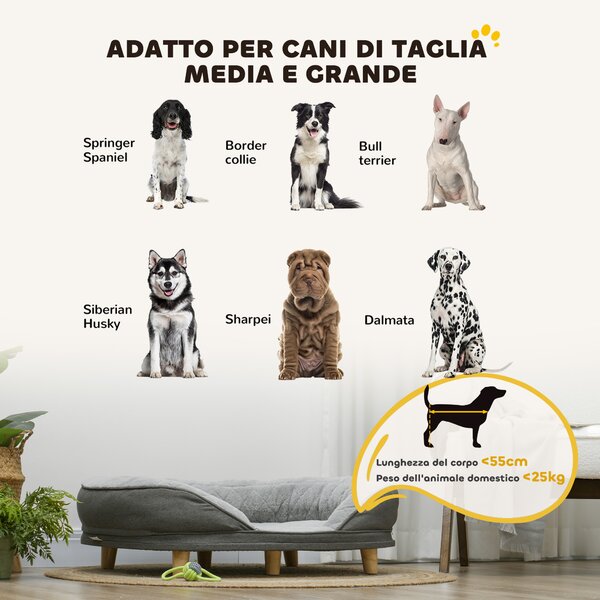 PawHut Cuccia Divano per Cani con Imbottitura, Lettino per Cani Taglia Grande e Media fino 25kg, 90x78x25cm, Grigio