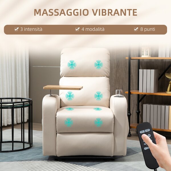 Poltrona Massaggiante a 8 punti con poggiapiedi, tavolino girevole, 2 tasche laterali, portabicchieri e Reclinabile di 145°, Beige| Aosom Italy