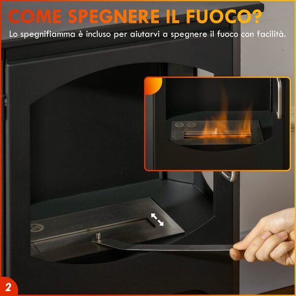 HOMCOM Camino a Bioetanolo Autoportante, Bruciatore da 1.2L Durata 3 Ore, Area Riscaldata 20-25 m², Nero