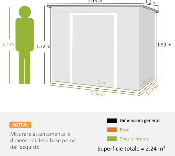 Outsunny Casetta da Giardino in Acciaio con Tetto Inclinato, Doppia Porta Scorrevole e Prese d'Aria, 213x130x173 cm, Verde|Aosom