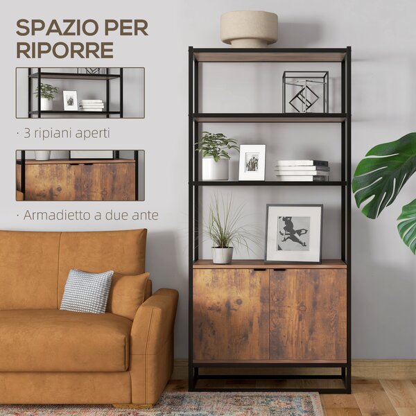 HOMCOM Scaffale Vintage Libreria a 3 Ripiani con1 Armadietto in Legno e Telaio in Metallo Nero, MDF, 76x33x162.5cm| Aosom Italy