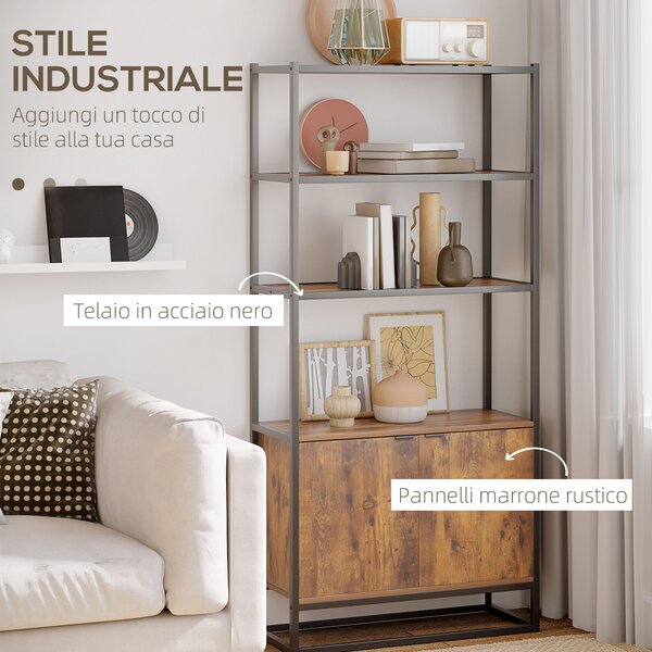 HOMCOM Scaffale Vintage Libreria a 3 Ripiani con1 Armadietto in Legno e Telaio in Metallo Nero, MDF, 76x33x162.5cm| Aosom Italy