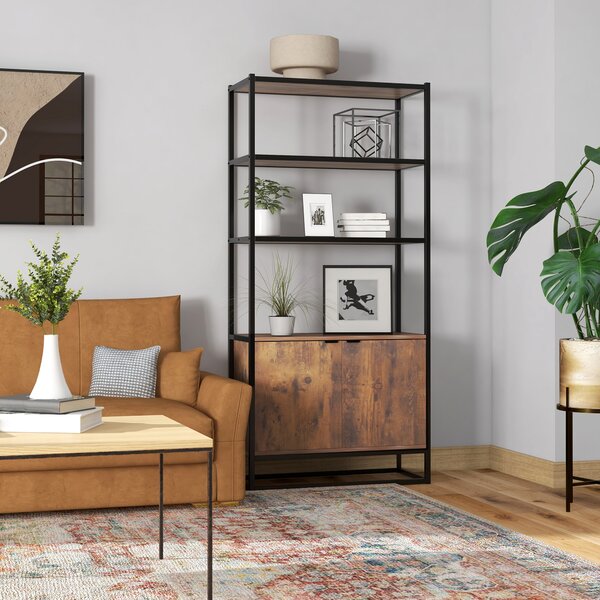 HOMCOM Scaffale Vintage Libreria a 3 Ripiani con1 Armadietto in Legno e Telaio in Metallo Nero, MDF, 76x33x162.5cm| Aosom Italy