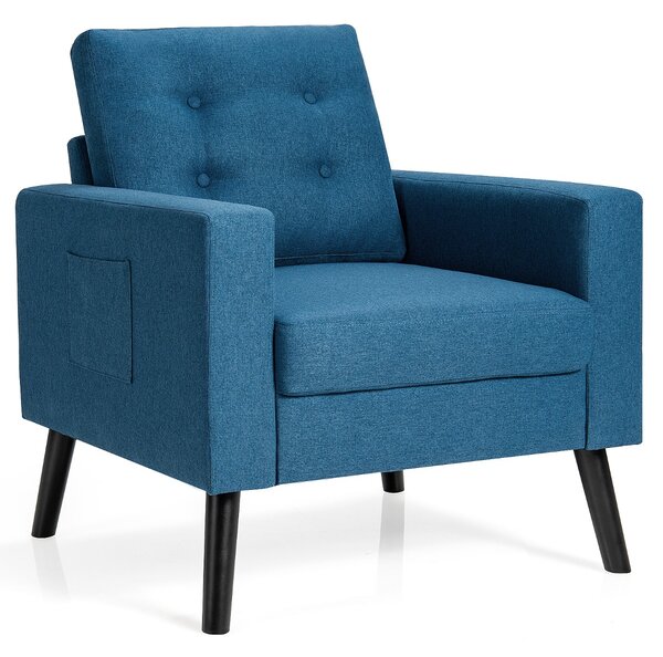 Costway Poltrona moderna con gambe in legno di gomma 2 tasche laterali, Poltroncina trapuntata a bottone in tessuto Blu scuro
