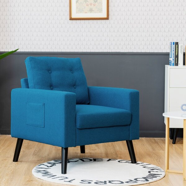 Costway Poltrona moderna con gambe in legno di gomma 2 tasche laterali, Poltroncina trapuntata a bottone in tessuto Blu scuro