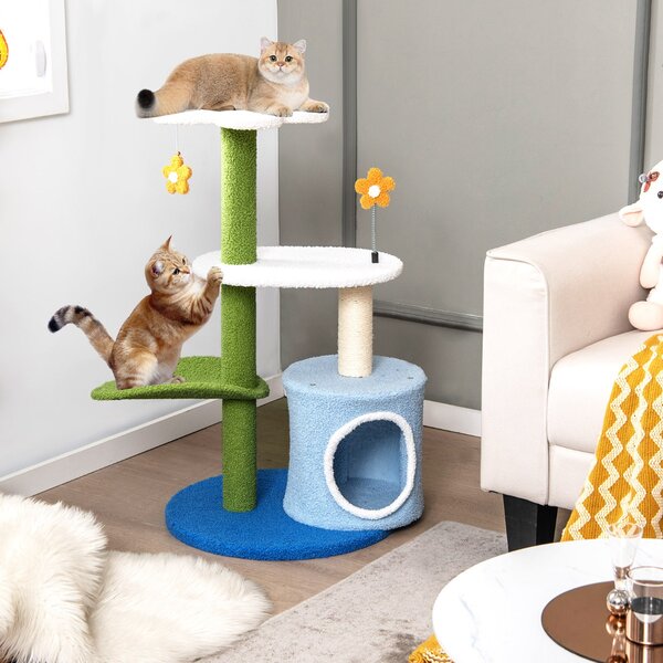 Costway Albero per gatti a forma di fiore con tira graffi in sisal trespolo a forma di foglia, Centro attività gatti Blu