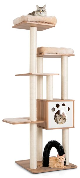 Costway Albero tiragraffi per gatti con 2 trespoli in tessuto felpato arco massaggiante, Albero per gatti alto Beige