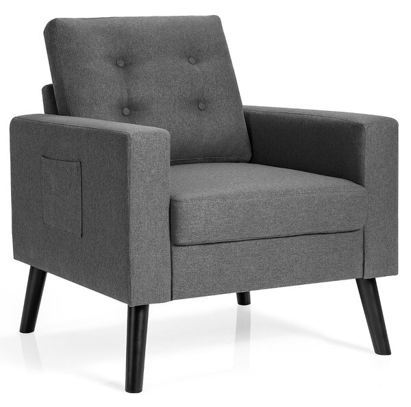 Costway Poltrona moderna con gambe in legno di gomma 2 tasche laterali, Poltroncina trapuntata a bottone in tessuto Grigio