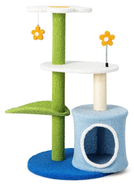 Costway Albero per gatti a forma di fiore con tira graffi in sisal trespolo a forma di foglia, Centro attività gatti Blu