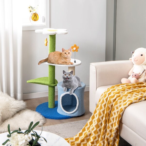 Costway Albero per gatti a forma di fiore con tira graffi in sisal trespolo a forma di foglia, Centro attività gatti Blu