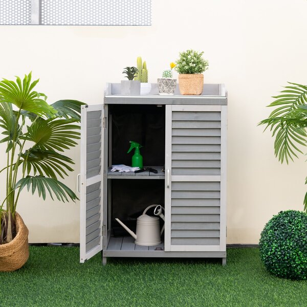 Costway Armadietto da esterno in legno di abete con 2 ante magnetiche, 1 ripiano e piano in metallo placcato 67x47x100 cm Grigio