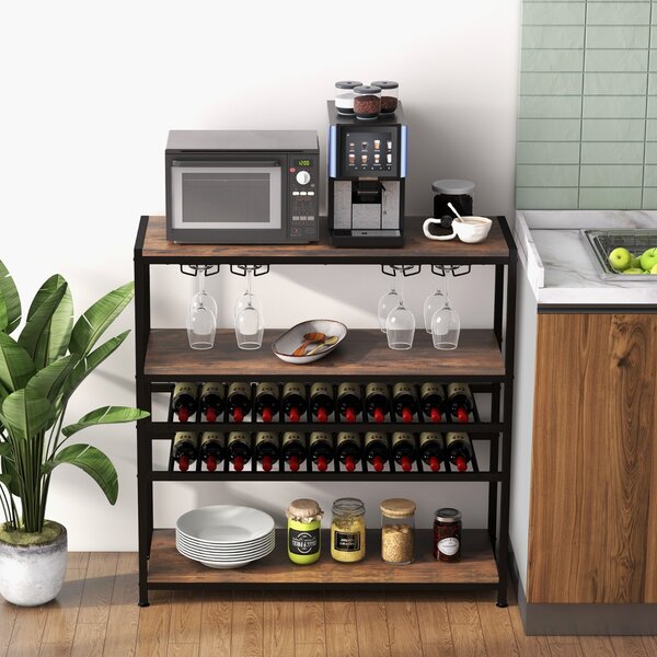Costway Mobile portabottiglie a 5 livelli con 2 ripiani porta vini 4 porta calici, Portabottiglie da terra 100x35x101cm