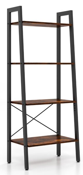 Costway Scaffale 4 ripiani con telaio in metallo e piedini regolabili, Libreria scaffale per ufficio Marrone rustico