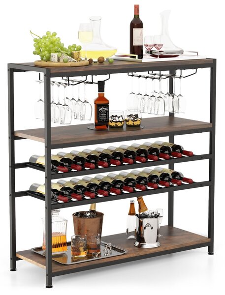 Costway Mobile portabottiglie a 5 livelli con 2 ripiani porta vini 4 porta calici, Portabottiglie da terra 100x35x101cm