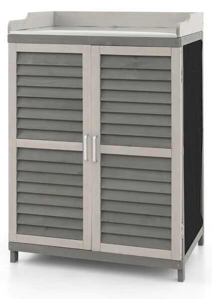 Costway Armadietto da esterno in legno di abete con 2 ante magnetiche, 1 ripiano e piano in metallo placcato 67x47x100 cm Grigio