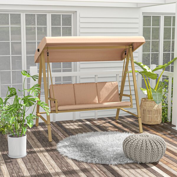 Outsunny Dondolo Giardino 3 Posti con Tettuccio Inclinabile e Cuscini, Dondolo da Esterno in Acciaio e Textilene, Beige e Marrone | Aosom Italy
