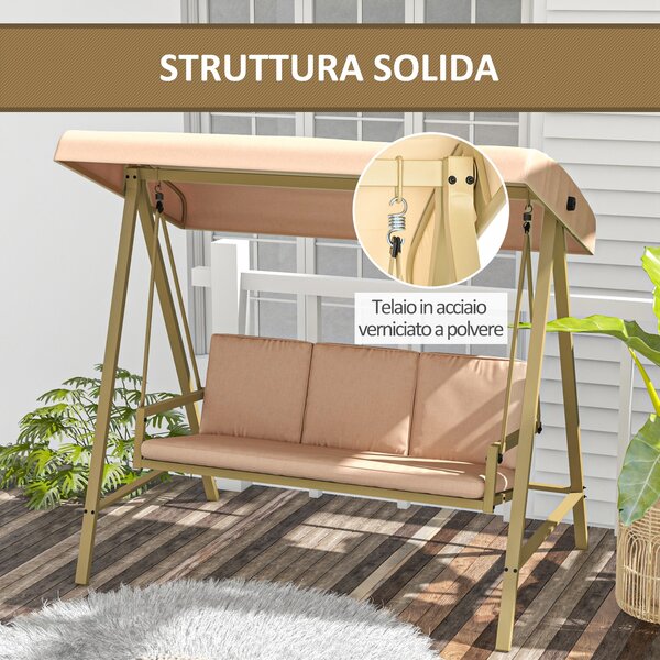 Outsunny Dondolo Giardino 3 Posti con Tettuccio Inclinabile e Cuscini, Dondolo da Esterno in Acciaio e Textilene, Beige e Marrone | Aosom Italy