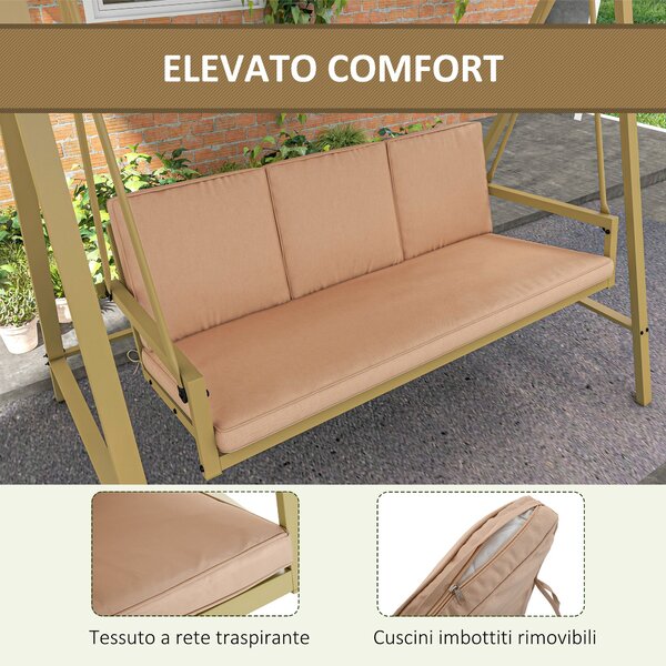 Outsunny Dondolo Giardino 3 Posti con Tettuccio Inclinabile e Cuscini, Dondolo da Esterno in Acciaio e Textilene, Beige e Marrone | Aosom Italy