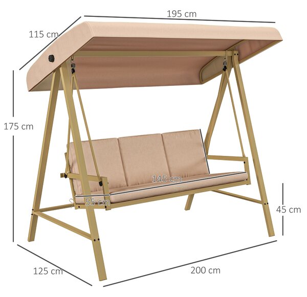 Outsunny Dondolo Giardino 3 Posti con Tettuccio Inclinabile e Cuscini, Dondolo da Esterno in Acciaio e Textilene, Beige e Marrone | Aosom Italy