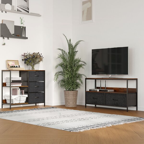 HOMCOM Mobile TV Stile Industriale con Cassetti Pieghevoli in Tessuto e Mensola, Metallo e MDF, 98x29x56cm, Marrone e Nero|Aosom