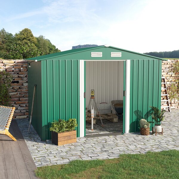 Outsunny Capanno da Giardino Con 2 prese d'aria e Porte Scorrevoli, Casetta porta attrezzi in Acciaio, 258x206x178cm, Verde | Aosom Italy