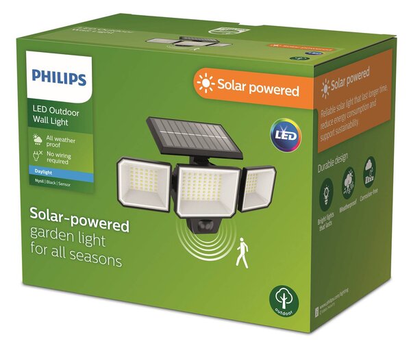 Philips applique a LED solare Nysil, 3 luci, sensore Nysil, Nero, Plastica, Moderno, Lampada solare da esterni