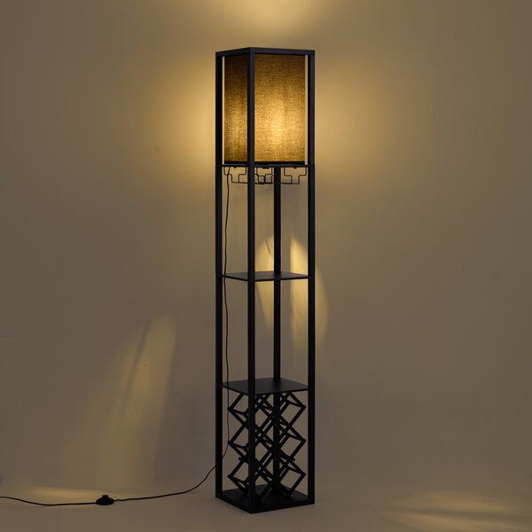 Lampada da terra moderna nera con paralume in tessuto e portabottiglie - Stojan Wine