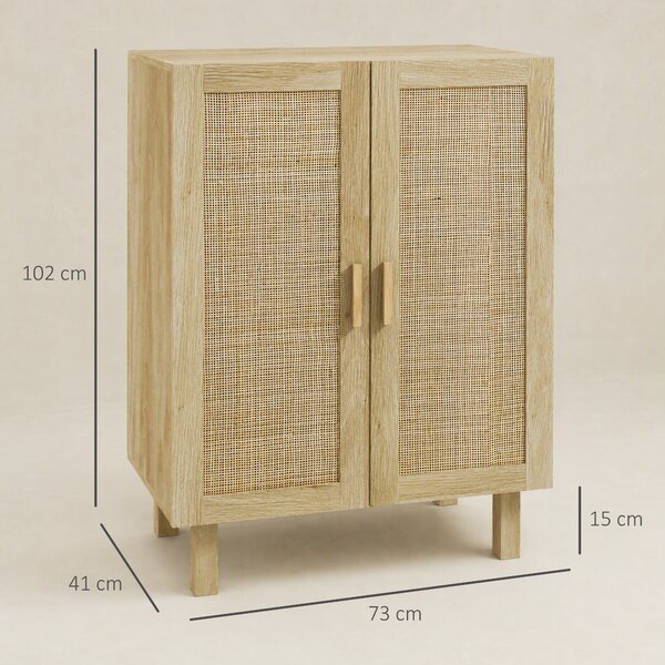 HOMCOM Credenza Cucina Boho, Mobile Cucina con Ante in Rattan, Ripiani Regolabili, per Sala da Pranzo Ingresso Salotto, 73x41x102 cm, Legno Naturale | Aosom Italy
