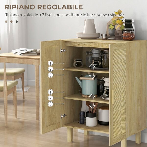 HOMCOM Credenza Cucina Boho, Mobile Cucina con Ante in Rattan, Ripiani Regolabili, per Sala da Pranzo Ingresso Salotto, 73x41x102 cm, Legno Naturale | Aosom Italy