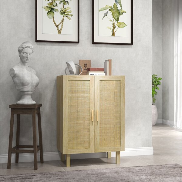 HOMCOM Credenza Cucina Boho, Mobile Cucina con Ante in Rattan, Ripiani Regolabili, per Sala da Pranzo Ingresso Salotto, 73x41x102 cm, Legno Naturale | Aosom Italy